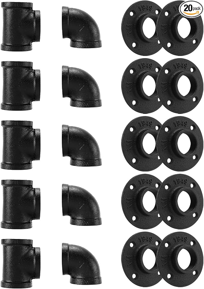 1" Black Pipe Fitting, 20 Pack 1" Floor Flange/Elbow/Tee Combo for Industrial vintage style, Flanges/Elbow/Tee with Threaded Hole for DIY Project/Furniture/Shelving (20, Black 1")