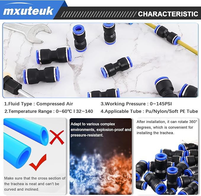 mxuteuk 110PCS Quick Connect Air Hose Fittings,4/6/8/10/12mm Straight Push to Connect Fittings,Air Line Fittings Push to Connect Fitting for Tube
