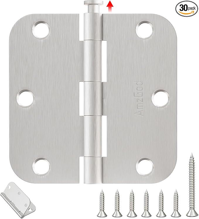 Door Hinges Brushed Nickel - 30 Pack 3.5 Inch Rounded with 5/8" Radius Satin Nickel Door Hinges for Interior and Exterior Doors - Heavy Duty 3 1/2" Silver Residential Door Hardware