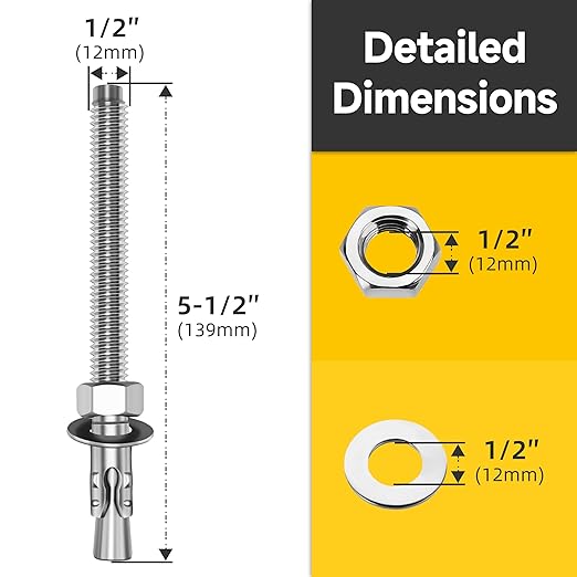 Mywish 1/2 x 5-1/2 Inch Wedge Anchors, 5Pcs 304 Stainless Steel Industrial 1/2 Heavy Duty Industrial Masonry Wdege Anchor Bolts for Brick Cement and Concrete, Bright Finish