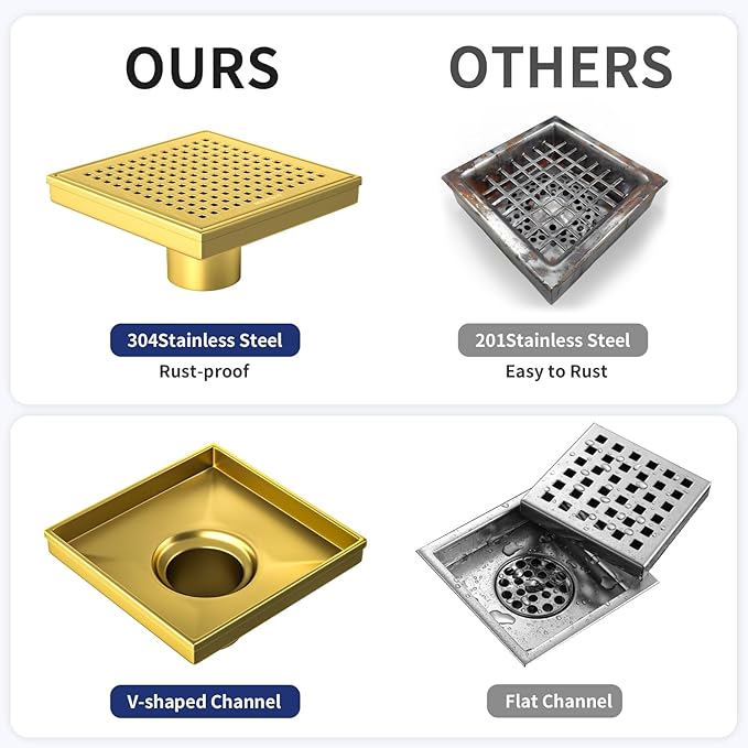 Square Shower Drain 6", 304 Stainless Steel Floor Drain with Grid Drain Cover & Hair Strainer, Shower Drain w/CUPC Certified, Brushed Gold