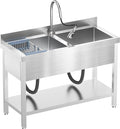 47Inch 2-Compartment Commercial Sink, Stainless Steel Utility Sink with Pull-out Faucet, Free Standing Double Bowl Kitchen Sink for Restaurant, Garage, Shop, Cafe