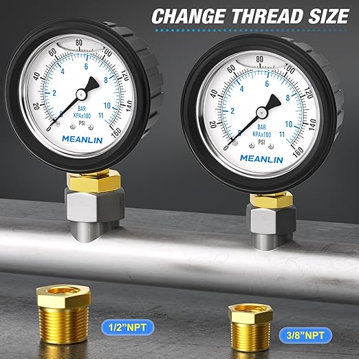 MEANLIN MEASURE 0~160Psi Stainless Steel 1/4" NPT 2.5" FACE DIAL Liquid Filled Pressure Gauge, Lower Mount (with Rubber Protective Sleeve), with 1/2" NPT and 3/8" NPT Hex Bushing