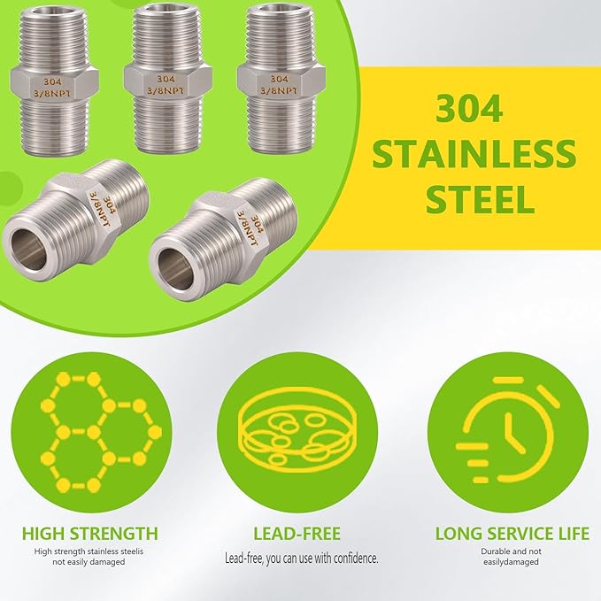 2PCS Hex Nipple 3/8" x 3/8" Male Pipe Fittings, 304 Stainless Steel 3/8 inch NPT Threaded Pipe Adapter Fittings, Male Straight Connector Pipe Fitting