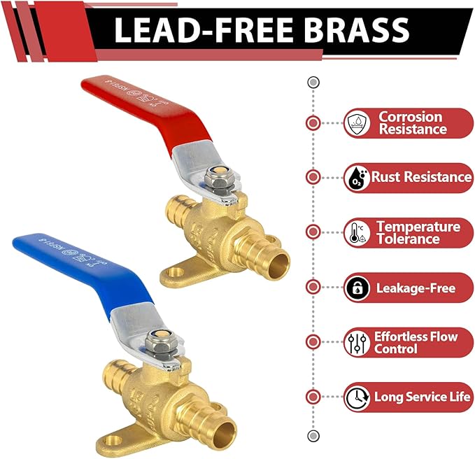 2-Pack EFIELD 1/2-inch Crimp Pex Brass Full Port Shut-off Ball Valve with Drop-ear, Red and Blue Levels, ASTM F1807 (2, 1/2-inch),(VALVE211)