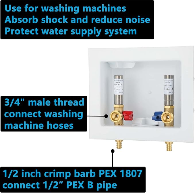 (1 Pack) Lidertik Washing Machine Outlet Box PEX with Hammer Arrestors and Center Drain, Inlet 1/2 inch PEX-B 1807 Crimp Barb x Outlet 3/4 inch Male Thread, Absorb Shock And Reduce Noise LI-621-11