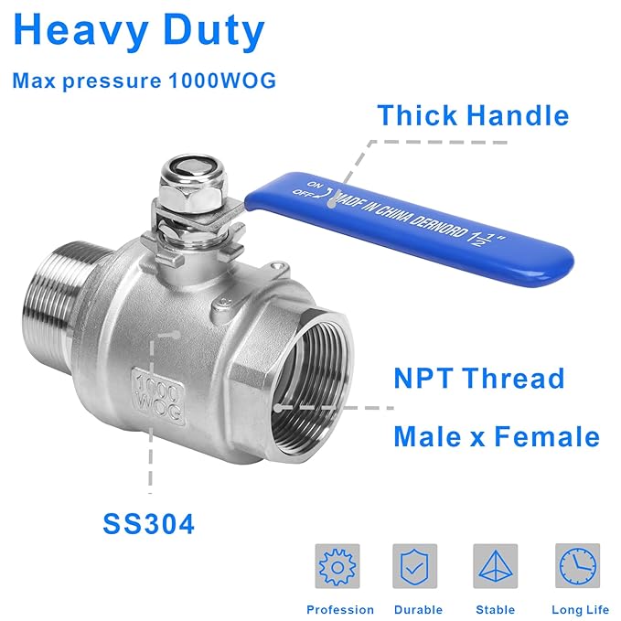DERNORD 2 Pack Full Port Ball Valve 1-1/2 Inch - Male x Female Stainless Steel 304 Heavy Duty for Water, Oil, and Gas, 1000WOG