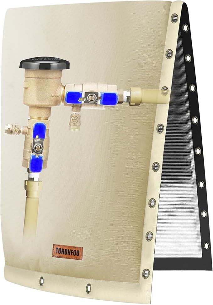 2-Way Opening Backflow Preventer Pipe Insulation Cover (5F) - Irrigation Sprinkler Valve and Water Well Pump Protection - Sturdy 5 Layers for Winter Freeze (20" W x 34" H, Beige)