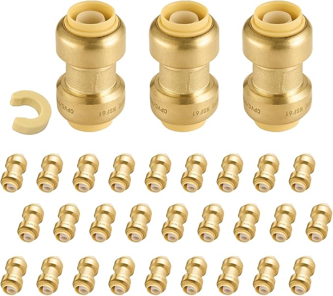 30-Pack Niikappu Push Fit Fittings, 1/2" x 1/2" Brass Plumbing Fittings to Connect PEX, Copper, CPVC, Brass Straight Coupling With Disconnect Clip