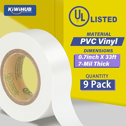 White Electrical Tape, UL Approved, 9 Pack 0.7in X 33ft, Industrial Grade Electrical Tape, Multipurpose Electric Tape for Wrapping Wiring Harness, Electric Insulating