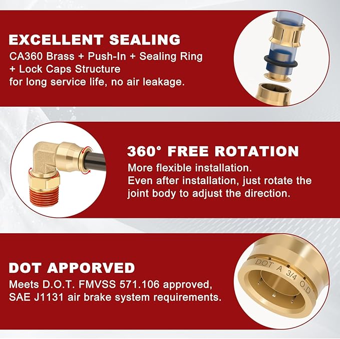 3/4" Quick Push to Connect Fittings Brass 90 Degree Union Swivel Elbow Joint DOT Approved 3/4" Tube OD x 3/8" NPT Thread Air Brake Line Adapter Air Suspension Kit for Car Truck Trailers 5pcs