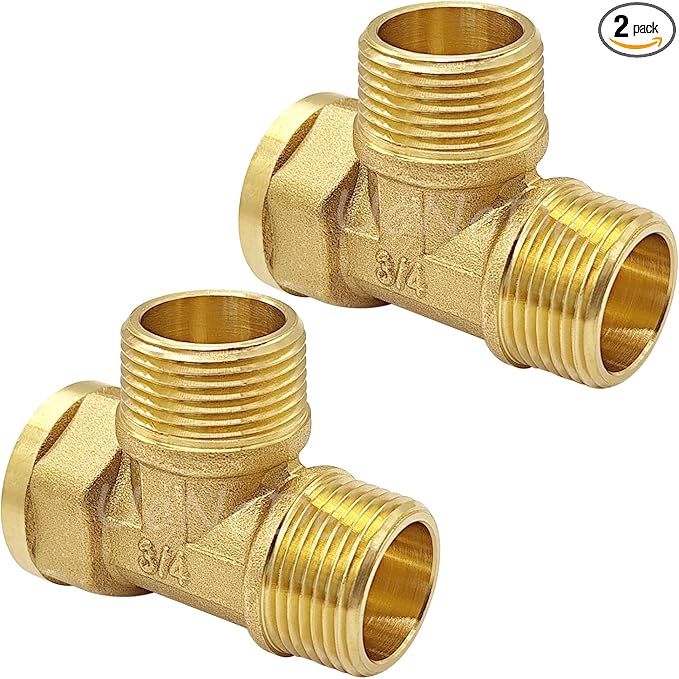 2PCS Brass 3/4 Inch NPT Tee Pipe Fitting 3/4" NPT Female x Male x Male for Water/Oil/Gas