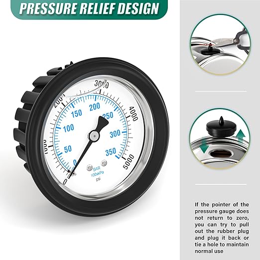 0-5000PSI Stainless Steel Liquid Filled Pressure Gauge, 2.5" Dial Size, 1/4" NPT Back Mount, with Rubber Protective Sleeve, for Tube, Water Pump, Gas, Liquid, Pressure Test