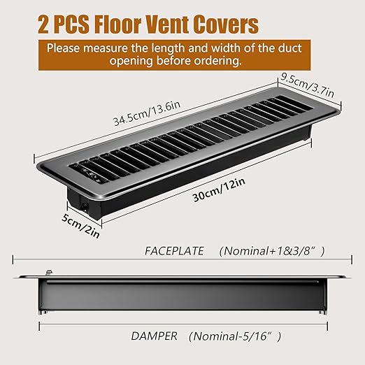 2PCS Heavy Duty Metal Floor Vents Registers 2x12 Inch with Rust-Proof Finish for Home Heater Floor Vent Grilles and Vents