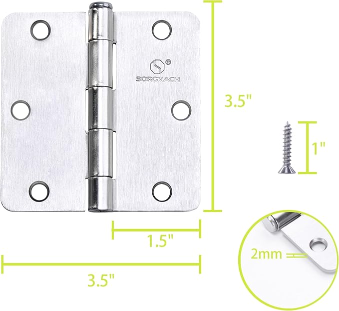 Door Hinge 3 1/2 Inch Interior Door Hinges Satin Nickel 3.5 Inch Interior Hinges Flat Iron Hinge 3 ½"x 3 ½" Door Hardware 1/4" Radius - 12 Pieces
