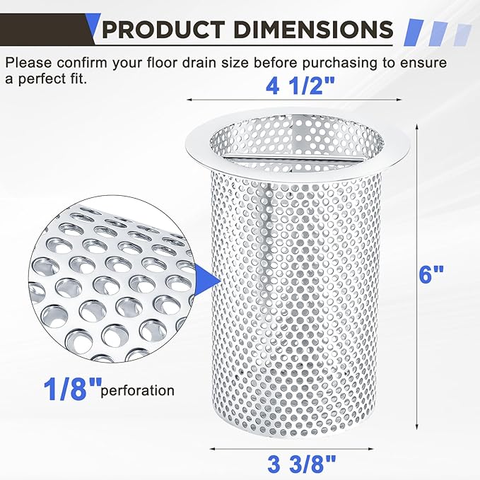 4" Diameter Commercial Floor Drain Strainer 6" Tall Perforated Cylindrical Mesh 316 Stainless Steel Drain Basket with Carry Handle –heavy-duty, for Restaurants, Kitchens, Factories