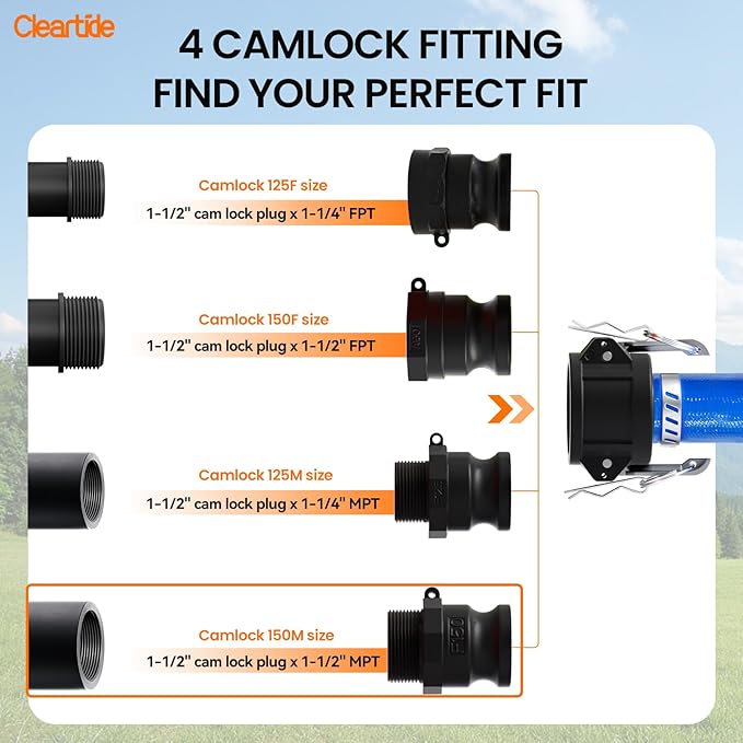 Cleartide Pool Backwash Drain Hose with Camlock Fittings, 1-1/2" x 25ft Heavy Duty Reinforced Blue PVC Lay Flat Discharge Hose for Pump, Pool Drainage, Includes 150M Adapter & Stainless Steel Clamp