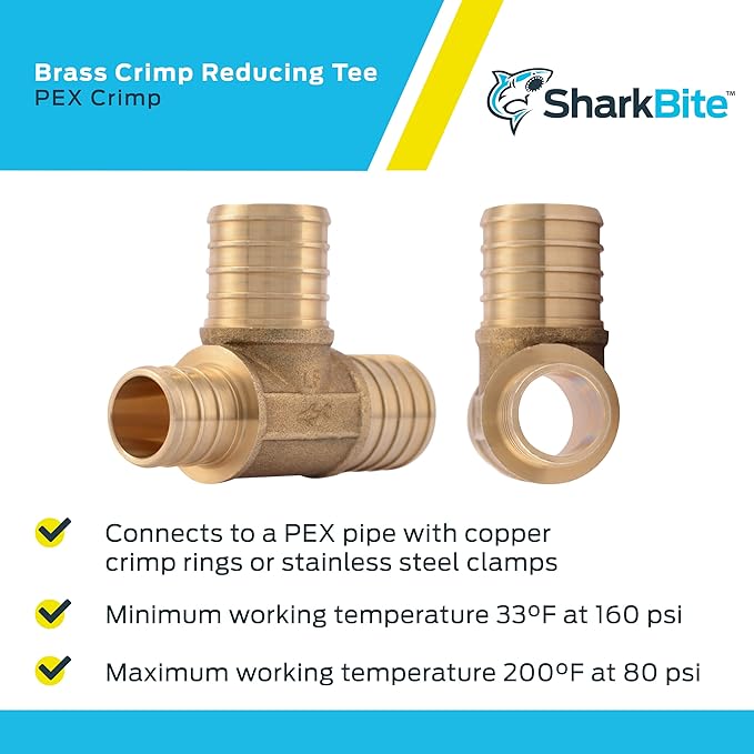 SharkBite 1 x 3/4 x 1 Inch Crimp Reducing Tee, Brass Plumbing Fitting, PEX Pipe, PE-RT, UC418LFA