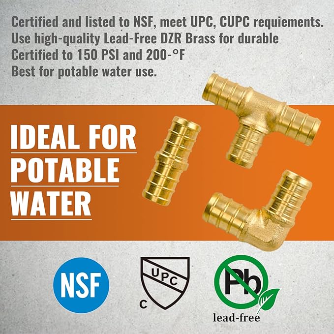 12-Pack SUNGATOR 1/2 Inch PEX 90 Degree Elbow (6) + Tee (4) + Coupling (2) Brass Crimp Fittings, No Lead for Multiple PEX Plumbing Projects