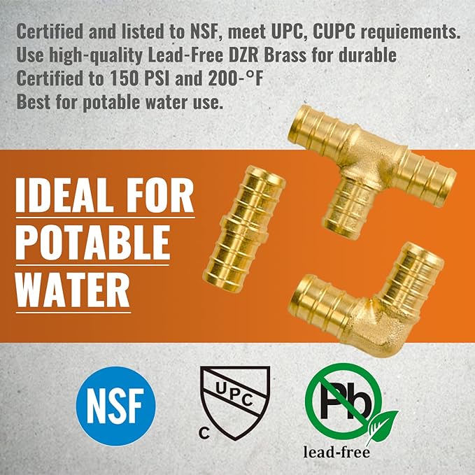 SUNGATOR 15-Pack 1/2 Inch PEX Fittings, 5 Each Elbow Tee Coupling, No Lead Brass, Pex Fittings 1/2 Inch Assortment, UPC, NSF Certified