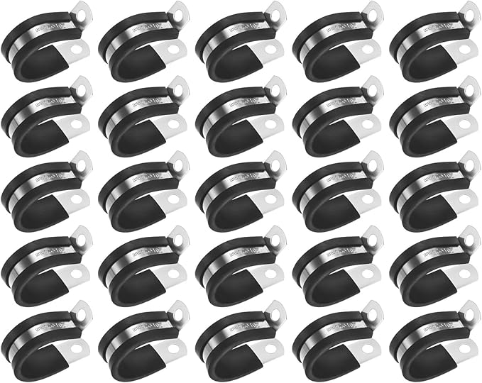 25-Pack Cable Clamps, 1 inch/ 25 mm 304 Stainless Steel Rubber Cushioned Insulated Cable Clamp R Shape Metal Holder for Tube/Wire/Pipe/Loop Installation