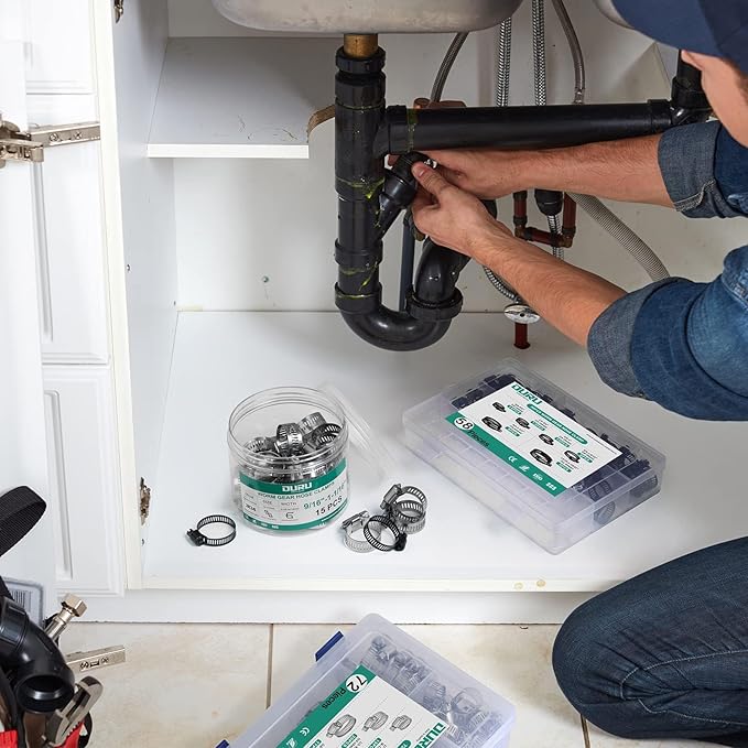 64PCS Hose Clamps Stainless Steel Assortment Adjustable 1/4"-1-1/2"(6-38mm) Worm Gear Hose Clamp, Heavy Duty Metal Small Hose Clamps for Automotive, Pipe, Radiator Plumbing, Fuel Line