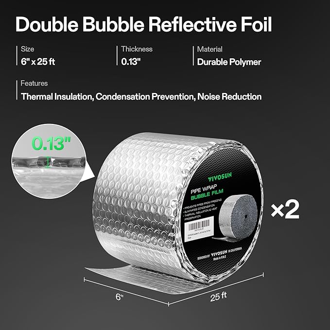 VIVOSUN 2-Pack Double Bubble Foil Insulation Roll, 6" x 25 ft Reflective HVAC Pipe & Duct Wrap, Weatherproof Thermal Insulation for Attics, Windows, Garages