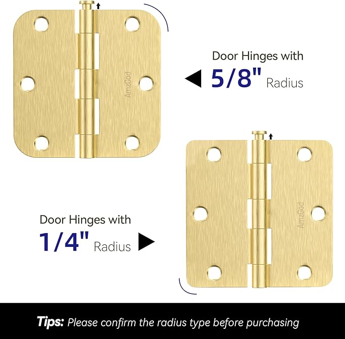 Door Hinges Satin Brass - 30 Pack Gold Door Hinges 3.5 Inch Rounded Interior Door Hinge with 1/4" Radius - 3 1/2 Inches Flat Iron Brass Hinges for Residential Standard Doors