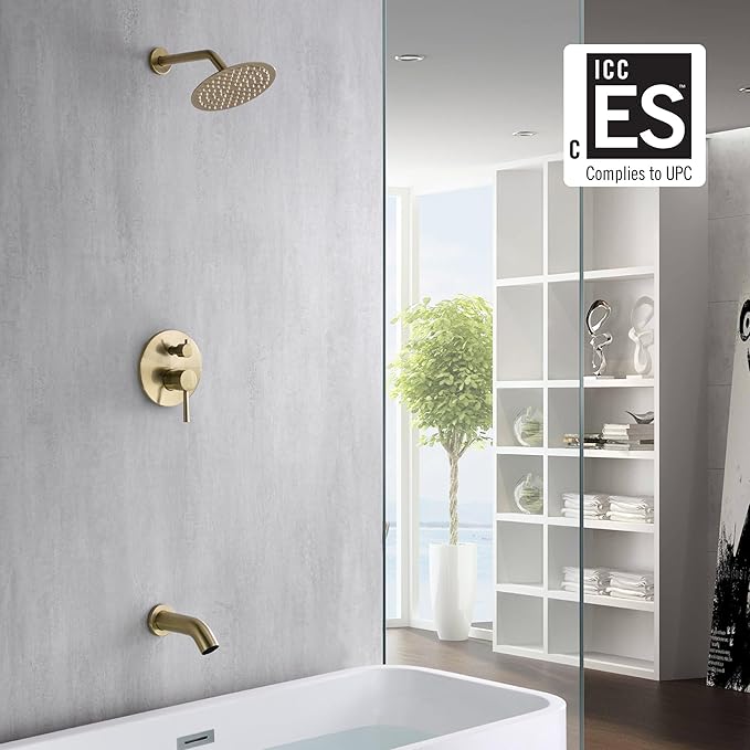 sumerain Pressure Balance Shower and Tub Faucet Set Brushed Gold with Tub Spout, 8" Shower Head, High Flow