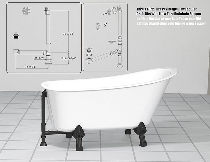 Artiwell Vintage Claw Foot Tub Drain Kit with Lift and Turn Bath Drain Stopper, 1-1/2" Brass Tubular Leg Tub Bathtub Waste and Overflow Drain Assembly with Drain Plug and Bathtub Overflow Cover