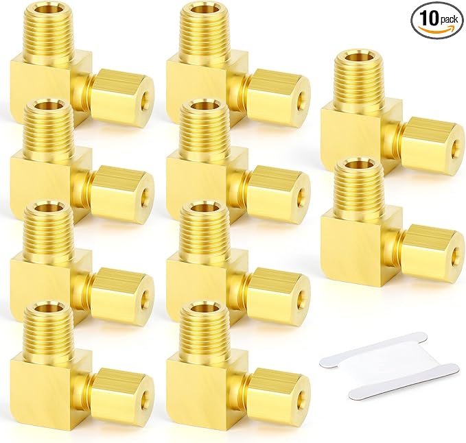 GASHER 10PCS Brass 90 Degree Elbow Compression Tube Pipe Fitting Connector, 1/8" Tube OD x 1/8" NPT Male Connector