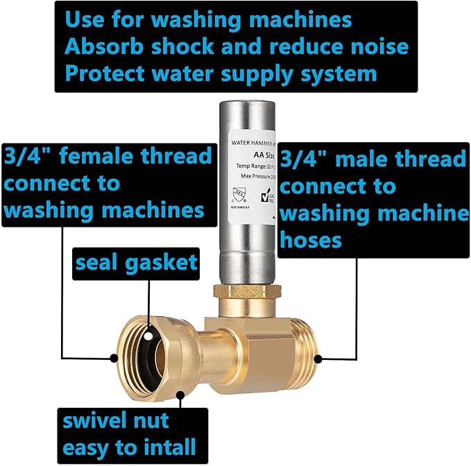 (2 Pack) Lidertik Water Hammer Arrestor Washing Machine 3/4 Absorb Shock and Reduce Noise Laundry Washer Knock Valve Garden Hose Air Inline Sink Dishwasher LI-Y241-11-11-S(2 PACK)