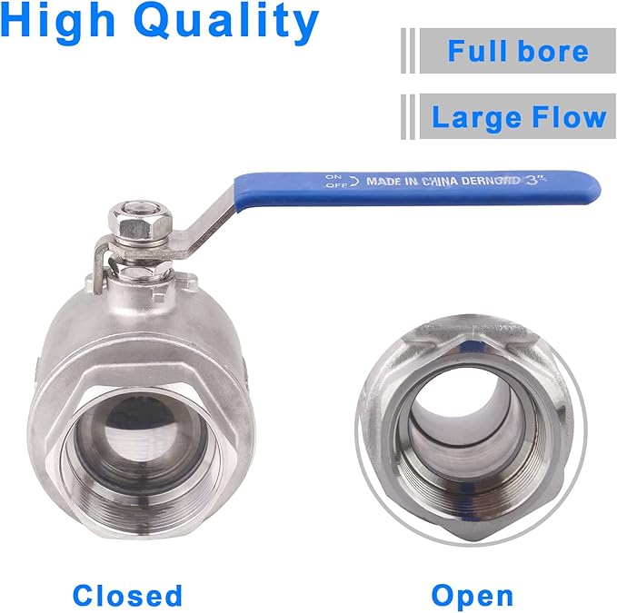 DERNORD Full Port Ball Valve Stainless Steel 304 Heavy Duty for Water, Oil, and Gas with Blue Locking Handles (3" NPT)