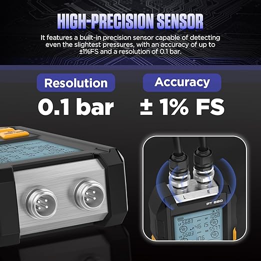 Manometer, Brake System Pressure Tester with 11 Adapters, 3 Units Switch, Magnetic Back, Smart Alarm Notification, Dual-Port Digital Brake Pressure Tester, 10-21000Kpa, PT660