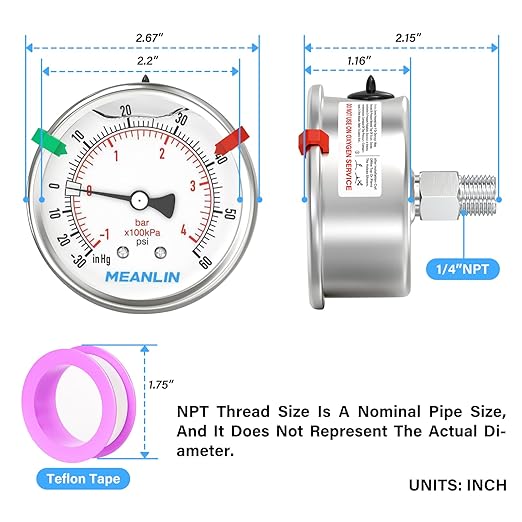 MEANLIN MEASURE -30inHG~60Psi Vacuum Pressure Gauge 316 Stainless Steel Joint 1/4" NPT 2.5" FACE DIAL, Stainless Steel Liquid Filled Pressure Gauge WOG Water Oil Air Back Mount, 2PCS Snaps