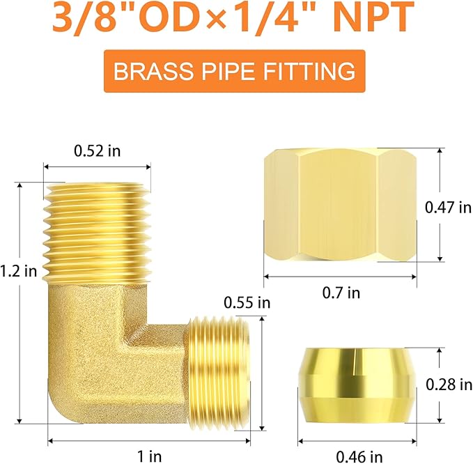 GASHER 10PCS Brass 90 Degree Elbow Compression Tube Pipe Fitting Connector, 3/8" Tube OD x 1/4" NPT Male Connector