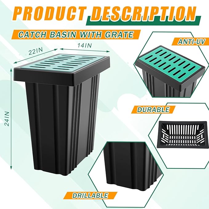 Catch Basin with Grate 14 x 22 x 24 Inch Square Large Catch Basin for Drainage with Debris Basket French Drain Without Reserved Hole for Yard, Downspout, Lawn, Municipal Pipeline, Green, Black