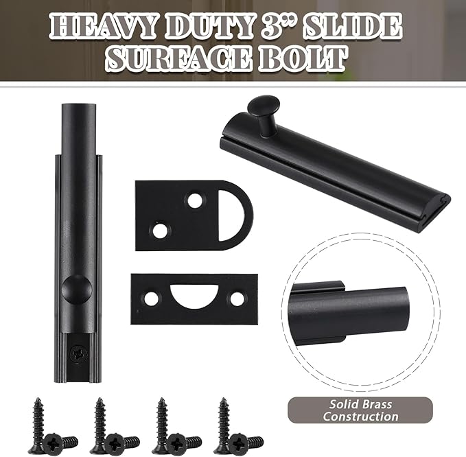 Lothee 4 Pcs Solid Brass Surface Bolt Door Slide Bolt Door Latches for Top of Slide Latch Lock(3",Matte Black)