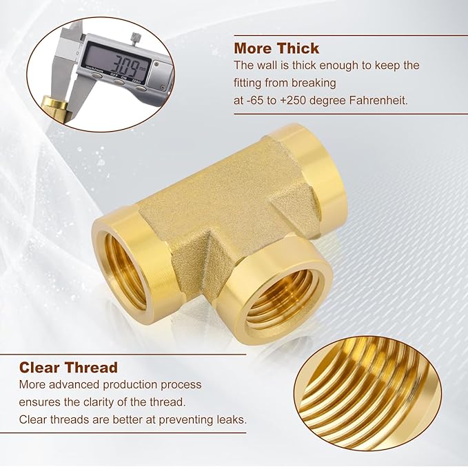 2pcs 1/4" Brass Tee Fittings 1/4" NPT Female Pipe to 1/4" NPT Female Pipe to 1/4 Inch NPT Female Brass Barstock Street Tee Pipe Fittings 3 Way Forged Brass Fittings