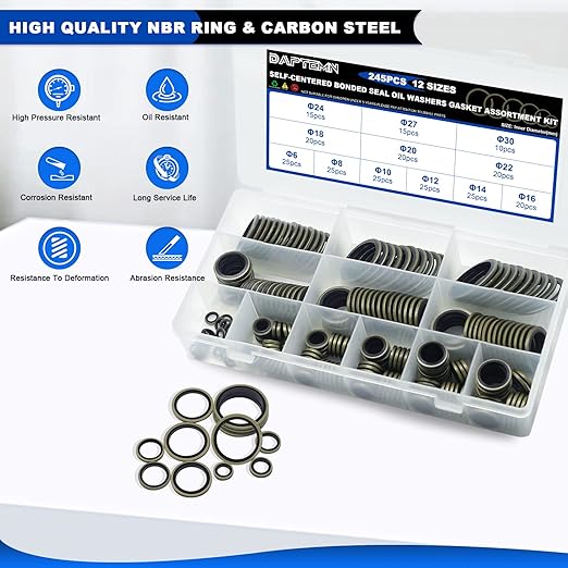 Bonded Seal Washer, NBR Metric Metal Automotive Sealing Washers Assortment Kit, 245PCS Self-Centred Sealing Rubber Gasket Combination Fit 12 Size M6 M8 M10 M12 M14 M16 M18 M20 M22 M24 M27 M30