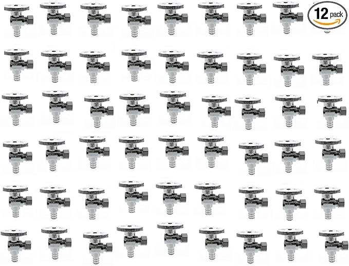 EZ-Fluid 3/8" OD Comp x 1/2" PEX 1/4-Turn Chrome Brass Angle Stop Valve Water Shut Off Ball Valve LF Barb Crimp Ring Type (54-Packs)