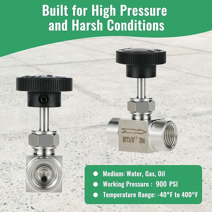 Angry Pony Stainless Steel 304 NPT 3/8 female Straight Needle Valve, High Pressure Hydraulic Flow Control Valve for Water Oil Gas Systems, 900 PSI
