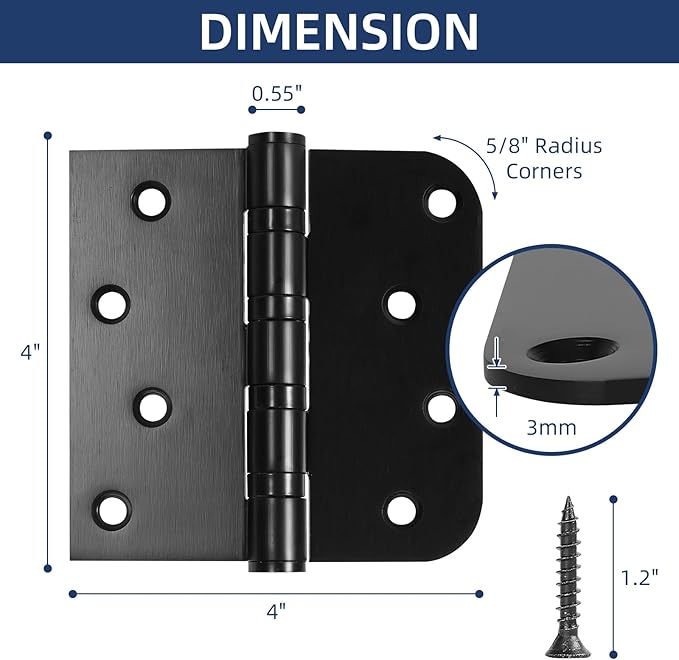 6 Pack Ball Bearing Door Hinges, 4 Inch x 4 Inch Heavy Duty Stainless Steel Door Hinges with Square & 5/8'' Round Radius Corner for Exterior & Interior Doors, Black