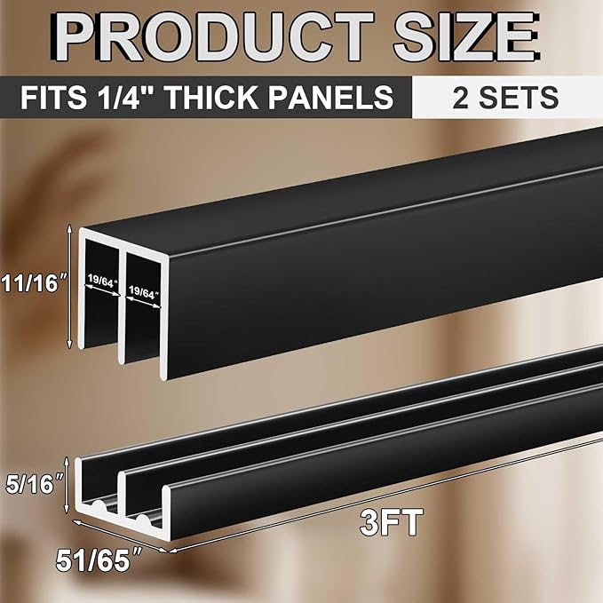 Landical 2 Set 3ft Aluminum Sliding Door Track Set for 1/4" Thick Panels Closet Glass Doors Cabinet Window Aluminum Alloy Metal Sliding Track(Black)