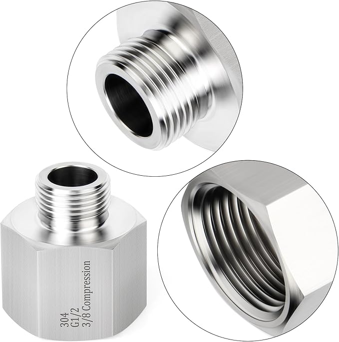 TAISHER 5PCS 304 Stainless Steel Water Hose Adapter 1/2" G Thread (BSP) × 3/8" Compression Pipe Fitting for kitchen bathroom faucet supply line adapter with rubber gasket