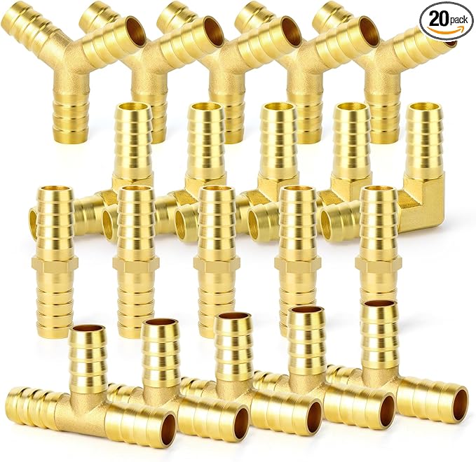 GASHER 20 Pieces 1/4 Inch Brass Hose Barb Set, 90 Degree L Right Angle Elbow, Y-Shape Air Hose, Tee Hose Barb, Fuel/AIR/Water/Oil/Gas/WOG