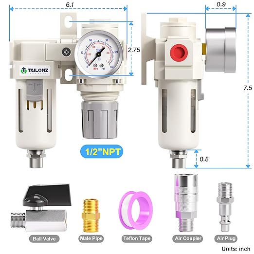 TAILONZ PNEUMATIC 1/2 Inch NPT 2 in 1 Air Filter Pressure Regulator Combo Piggyback, Air Tool Compressor Filter with Gauge AF4000+AR4000