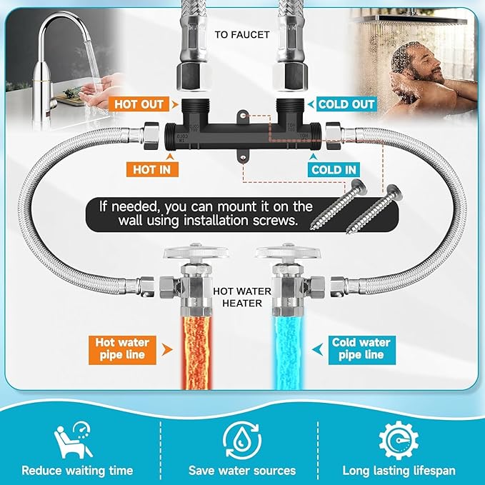 WP596816 Sensor Valve Kit Fit for watts premier 500800&500805 & grundfos up comfort Instant Hot Water Recirculating Pump System, Include Two 12" Supply Lines & Two 1/2" x 3/8" Reduced Fittings