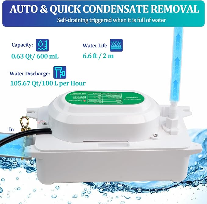 Condensate Pump, 6.6 ft/2 m Lift, 110V Removal HVAC Drain Pump, 5W AC Condensate Removal with 100 L/H Flow for Air Conditioner Commercial Ice Makers, 3.3ft Power Cord, with 2ft Tubing