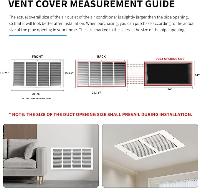 24x14 Return Air Grille(Duct Opening Size),Air Return Vent Cover,Flat Vent Cover,Rejillas De Aire Acondicionado para Casa,Return Air Grilles,Outer Dimensions:25.75"Wx15.75"H(24"Wx14"H, Duct Opening)